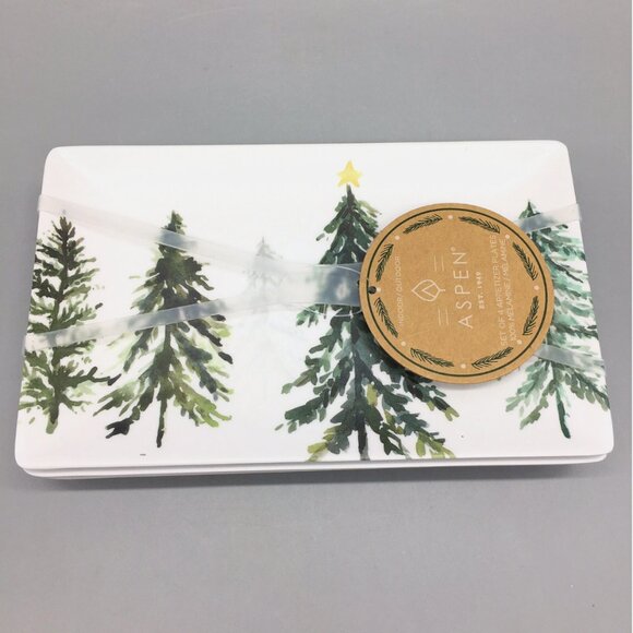 NEW x4 Aspen Home Winter Forest Melamine Appetizer Plate Set Christmas Tree Star - Picture 2 of 6